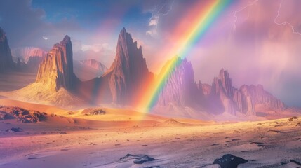 A rainbow appearing over a remote desert landscape, with sand dunes and rocky outcrops providing a stark contrast to its vibrant colors.