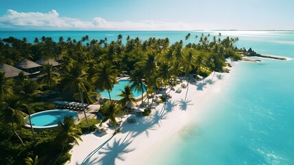 Aerial view of beautiful tropical island with palm trees and turquoise ocean