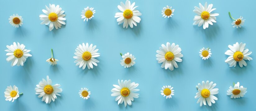 Chamomile flowers arranged in a daisy pattern on a blue surface, symbolizing the concept of repetition. Viewed from above, the flat lay captures the essence of spring and summer.