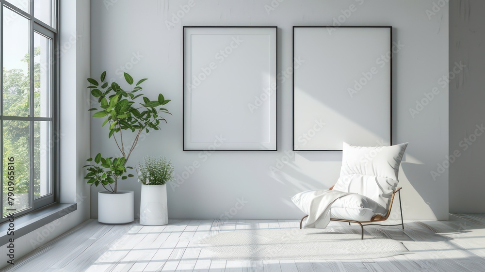 Poster modern room with two big empty picture frames created with generative ai