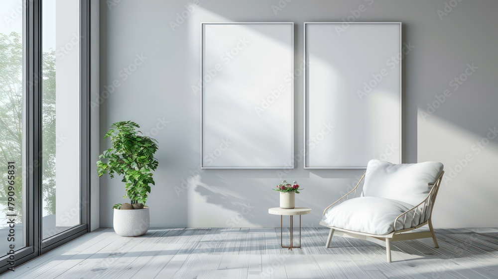 Poster modern room with two big empty picture frames created with generative ai