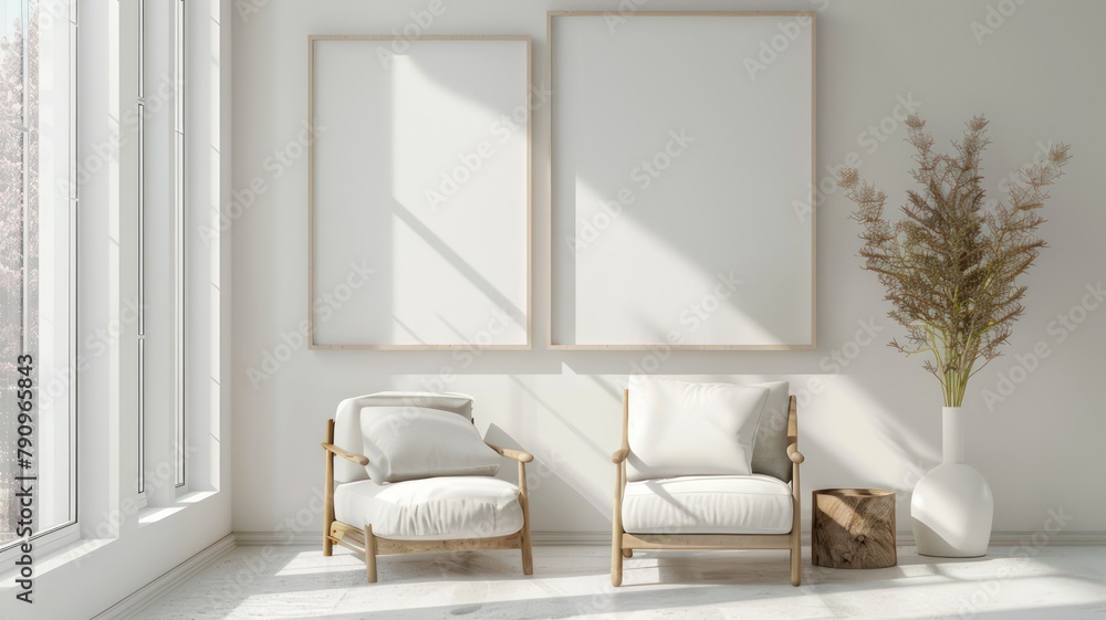 Poster modern room with two big empty picture frames created with generative ai
