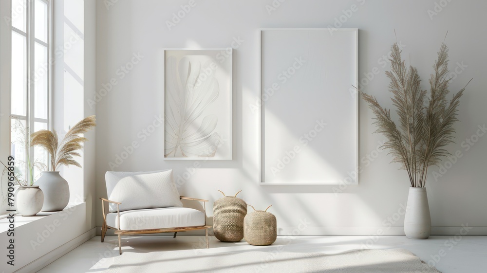Poster modern room with two big empty picture frames created with generative ai