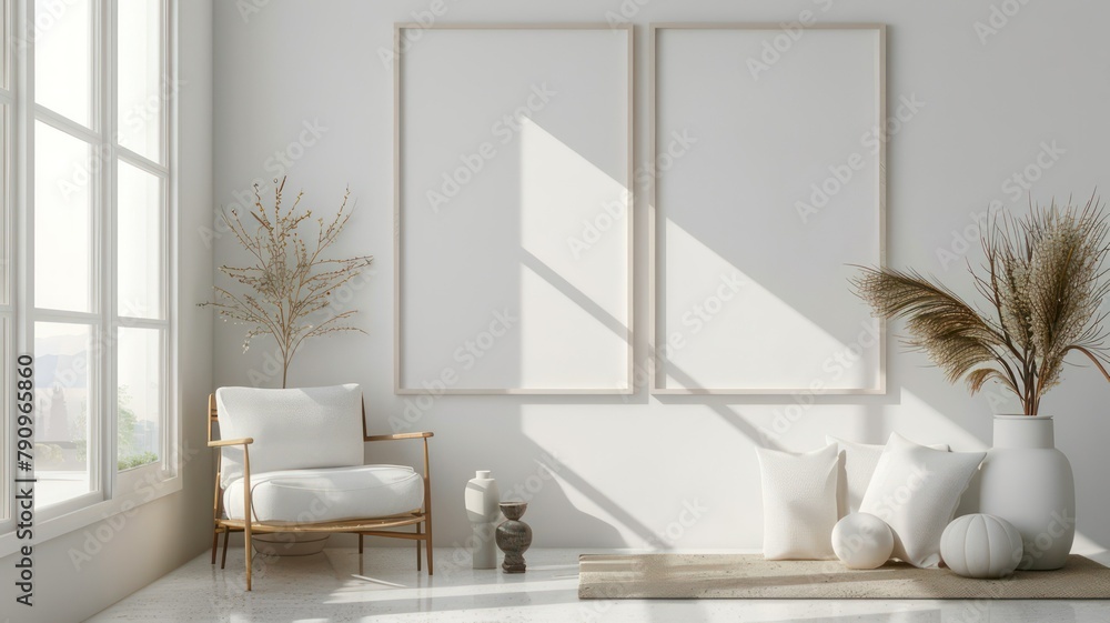 Poster modern room with two big empty picture frames created with generative ai
