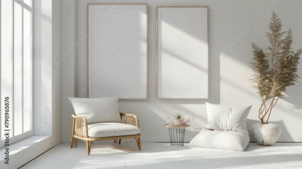Poster modern room with two big empty picture frames created with generative ai
