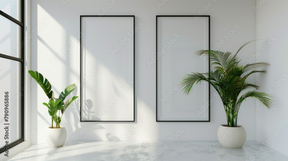 Poster modern room with two big empty picture frames created with generative ai