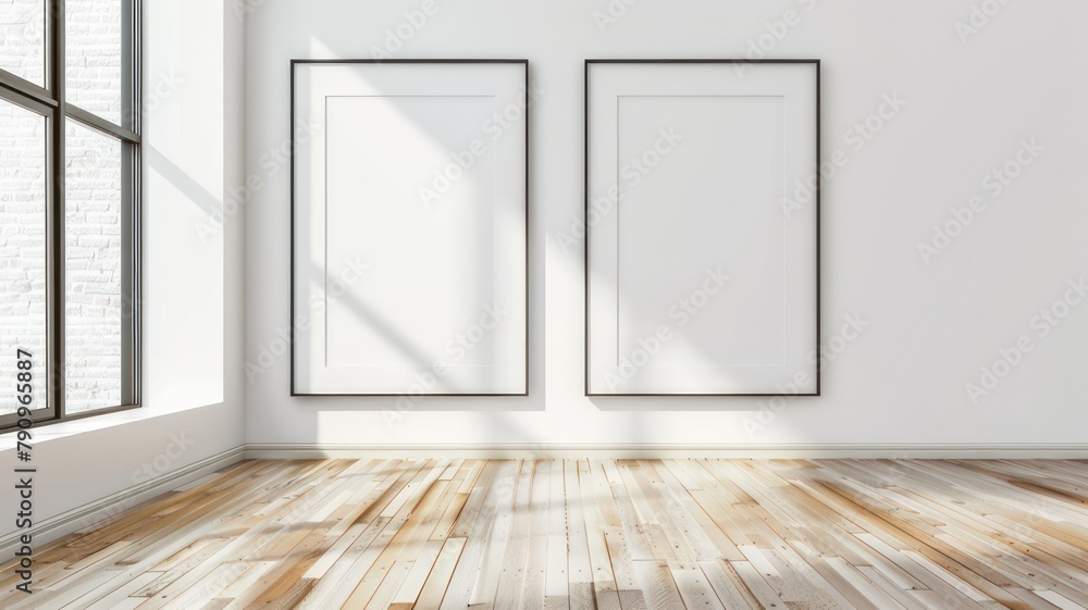Poster modern room with two big empty picture frames created with generative ai