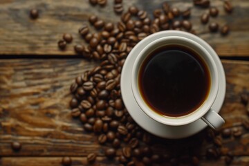 Fototapeta premium coffee beans and a cup of black coffee on a wooden table, coffee beans and a cup of coffee, coffee background, coffee and beans closeup