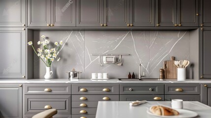 A kitchen with a white counter and a grey cabinet