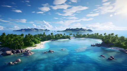 Panoramic view of a beautiful tropical island with palm trees.