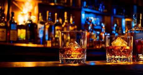 Whiskey glasses on a bar counter with a warm, ambient backdrop, suitable for nightlife and luxury dining themes