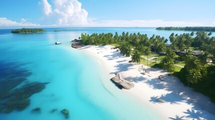 Panoramic aerial view of tropical island with white sand, turquoise ocean and palm trees.