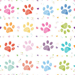 Vibrant colorful paw prints with hearts seamless pattern - 790966479