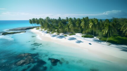 Panoramic aerial view of a beautiful tropical beach with palm trees