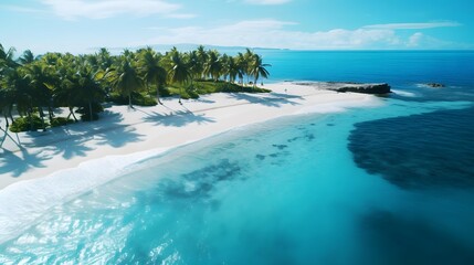 Panoramic aerial view of a tropical beach with palm trees.