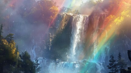 A rainbow emerging from behind a majestic waterfall, with misty spray catching the sunlight and refracting its colors into a dazzling display.