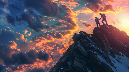 Two people each other reach the top of mountain, sky background with beautiful sunset. concept for adventure and team work