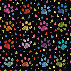 Vibrant colorful paw prints with confetti seamless fabric design pattern