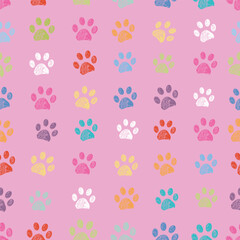 Pink background and dots with colorful paw prints. Seamless fabric design pattern - 790966888