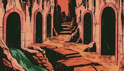 A labyrinthine underground city, carved from solid rock, houses a thriving civilization hidden from the surface world - obrazy, fototapety, plakaty