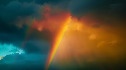 A rainbow emerging from dark storm clouds after a passing thunderstorm, symbolizing hope and beauty amidst the chaos of nature's fury.