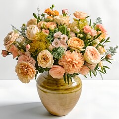 Beautiful flowers bouquet in a vase on trendy peach fuzz color