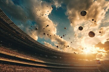 Footballs soaring high over a stadium, Soccer balls against Sky, AI-generated
