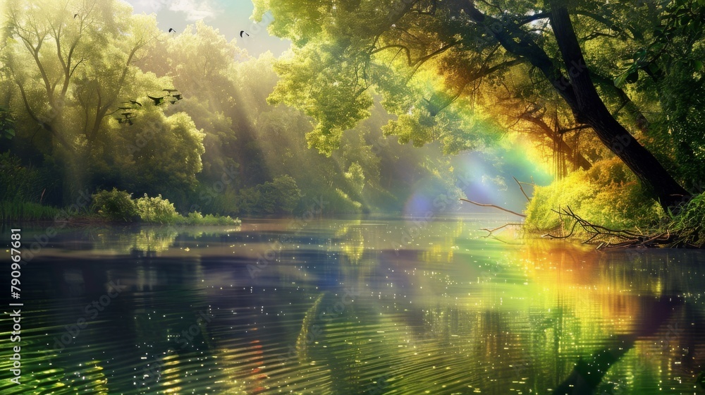 Poster a rainbow reflected in the calm waters of a tranquil river, with lush green trees lining its banks a