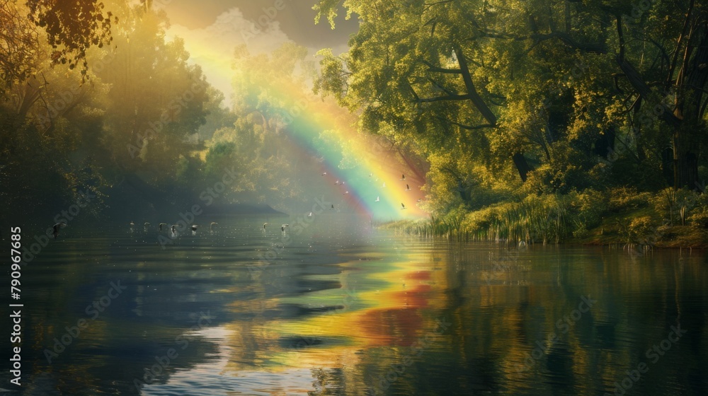 Poster a rainbow reflected in the calm waters of a tranquil river, with lush green trees lining its banks a
