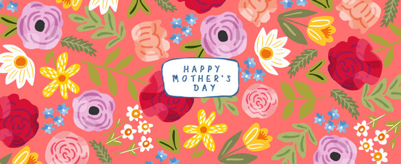 Happy Mother's Day. Vector gouache modern cute floral illustration of peony flower, rose, plant, bouquet, pattern, leaf, for greeting card, coral background, invitation or banner - 790967604