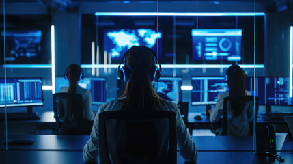 Back shot photo of data analyst, trader, programmer, financial advisor, help desk agent in front of a computer - obrazy, fototapety, plakaty