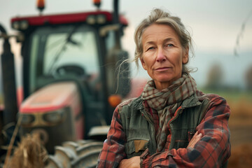 Proud attractive an  woman farmer standing in front of agricultural machinery