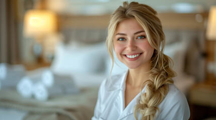 long hair blonde chambermaid in a white uniform smiles warmly in a luxurious hotel room.