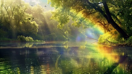 Fototapeta premium A rainbow reflected in the calm waters of a tranquil river, with lush green trees lining its banks and birds nesting in the branches above.