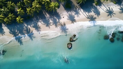 Aerial view of beautiful tropical beach with palm trees and sand. Panorama