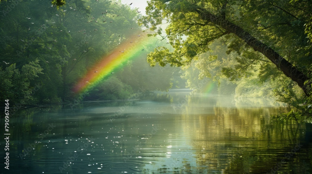 Poster a rainbow reflected in the calm waters of a tranquil river, with lush green trees lining its banks a