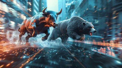 A bull and a bear in a dynamic chase against a backdrop of streaming financial data, embodying market volatility. - obrazy, fototapety, plakaty