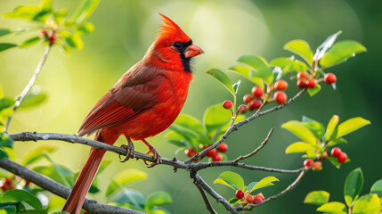 Northern cardinal on a branch,  official bird of no fewer than seven U.S. states - obrazy, fototapety, plakaty