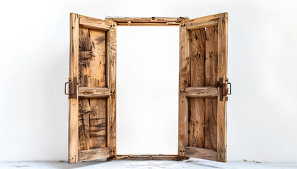 Open wooden door on white background - obrazy, fototapety, plakaty
