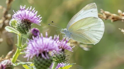 In this close-up macro view, see a butterfly engaging in pollination on a cluster of wildflowers, where the stark purples and greens frame the critical ecological interaction beautifully