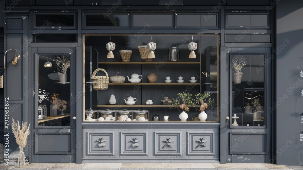 Poster a store front with a display of vases and other items