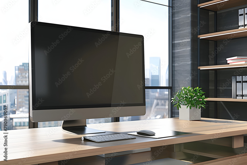 Poster close up of modern designer office workplace with empty computer monitor, window with city view and 