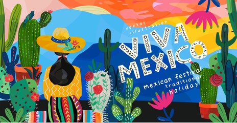 Viva Mexico. Vector cute abstract illustration of Mexican nature,  Woman in sombrero hat, cactus for Cinco de Mayo holiday greeting card, banner or background - 790969044
