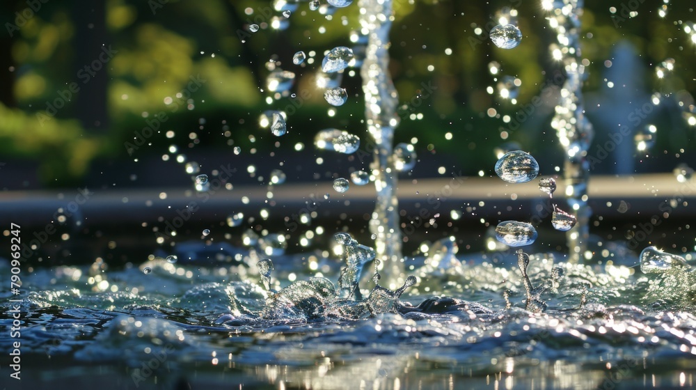 Poster A refreshing splash of water droplets cascading from a fountain, frozen in time to capture the dynamic motion and energy of falling water.