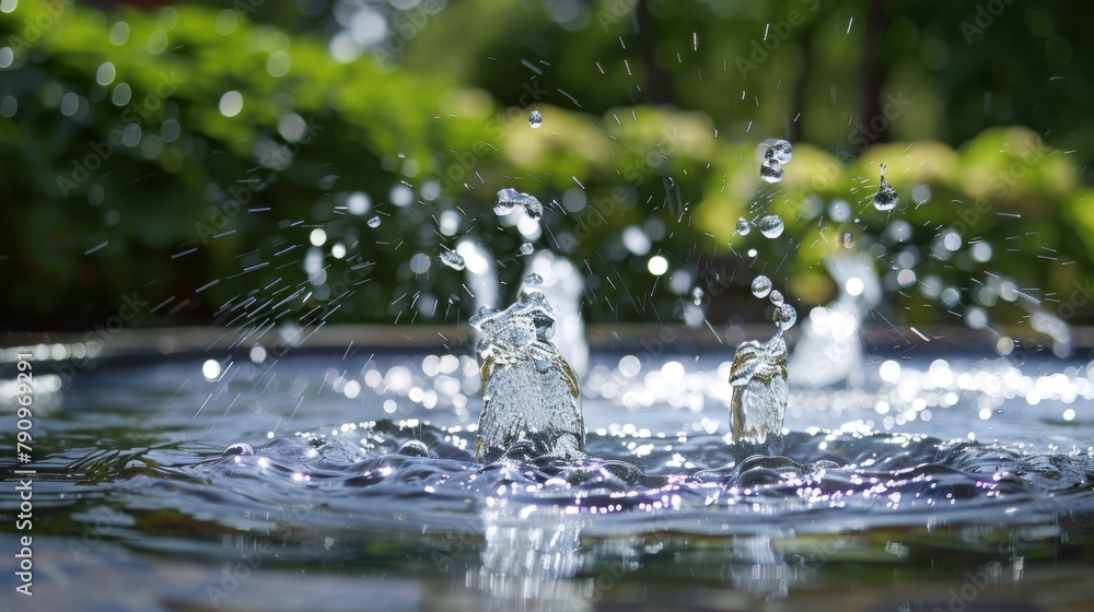 Poster A refreshing splash of water droplets cascading from a fountain, frozen in time to capture the dynamic motion and energy of falling water.
