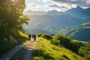 friends on electric bicycles enjoying a scenic ride through beautiful mountains, Mountain biking couple relax at edge of mountain, AI generated