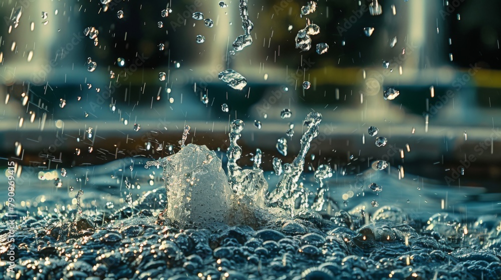 Poster A refreshing splash of water droplets cascading from a fountain, frozen in time to capture the dynamic motion and energy of falling water.