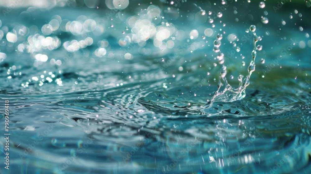 Poster A refreshing splash of water droplets falling into a crystal-clear pool, creating mesmerizing ripples that radiate outward with each impact. -