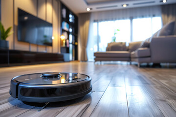 Robot vacuum cleaner on the floor in modern living room