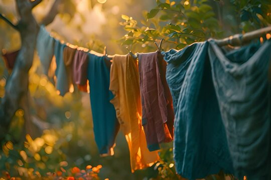 Sunlit Clothesline in a Garden, Colorful garments hanging on a clothesline in a sunlit garden, swaying gently in the breeze with a backdrop of lush greenery